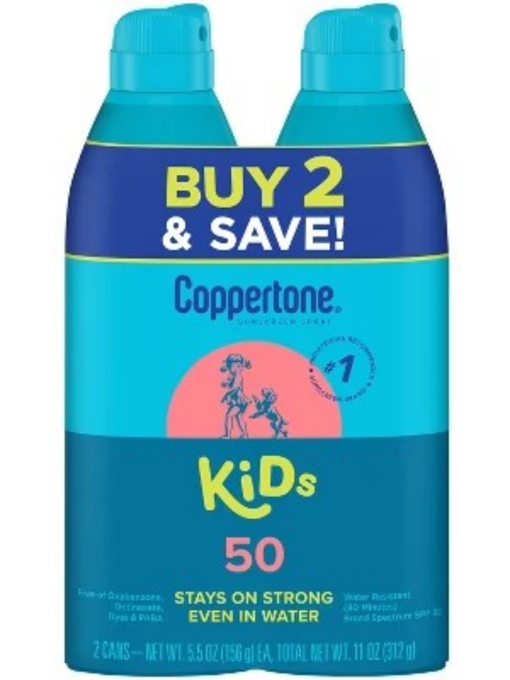 Coppertone Kids SPF 50 Sunscreen Spray 2-Pack - Bright Teal & Navy